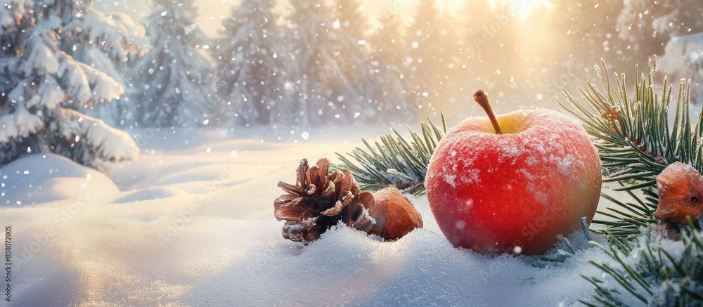 Poster snowy winter scene featuring a red apple nestled in fresh snow with spices and pine cones creating a