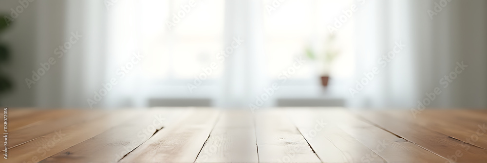 Poster a wood tabletop is partially hidden by a blurred white window with a faintly visible curtain in the 