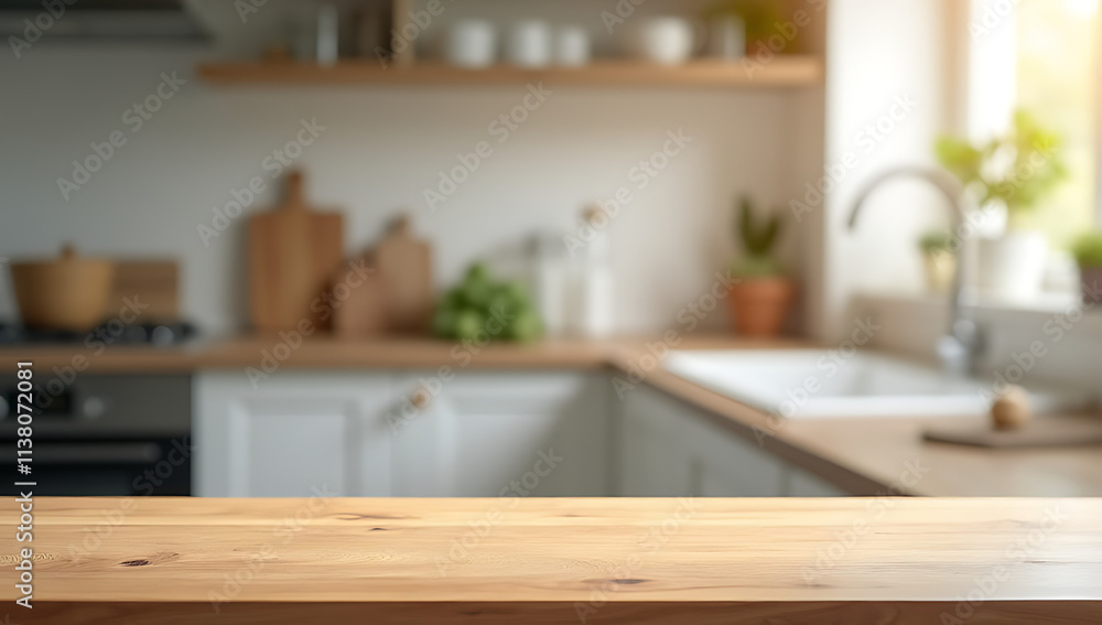 Poster A wood table top with a blurred kitchen counter in the background is in selective focus._00003_