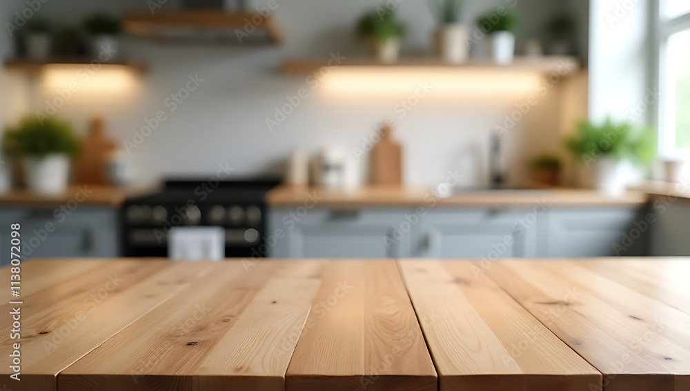Poster A wood table top with a blurred kitchen counter in the background is in selective focus._00001_