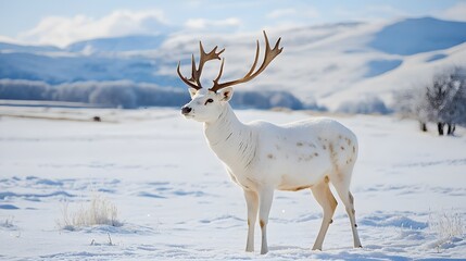 Obraz premium A majestic white deer with perfect antlers, and beautiful winter scenery