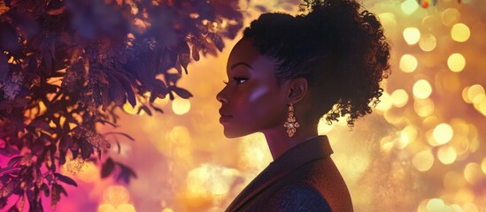 Elegant woman in profile against vibrant background adorned with lights and foliage showcasing beauty and style in a contemporary setting