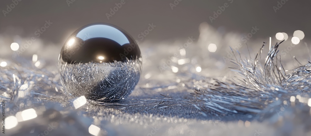 Poster elegant silver sphere resting on shimmering tinsel with a soft blurred background creating a festive