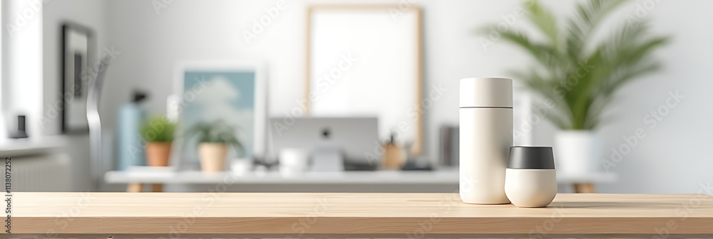 Poster a wood table top serves as a versatile backdrop for product displays and key visuals in a modern whi