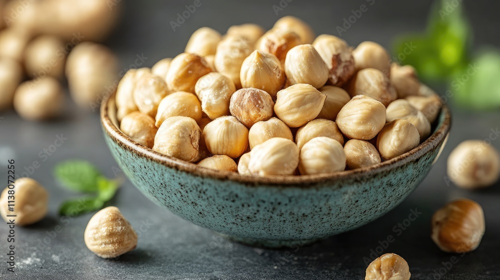 Poster close up of shelled hazelnuts in a bowl with a dark background showcasing the texture and color of t