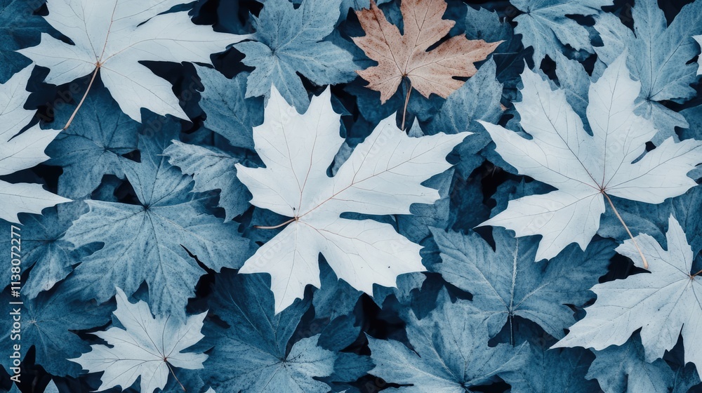Poster blue and white maple leaf pattern creating a textured natural backdrop for design and advertising pu