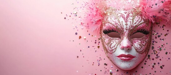 Elegant carnival mask adorned with intricate designs and pink feathers on a soft pink background for festive celebrations.