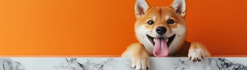 A cheerful Shiba Inu dog peeking over a marble table against an orange background.