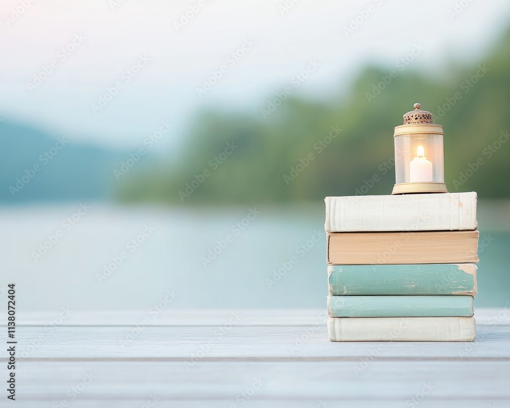 Poster serene evening reading scene books and lantern on wooden table