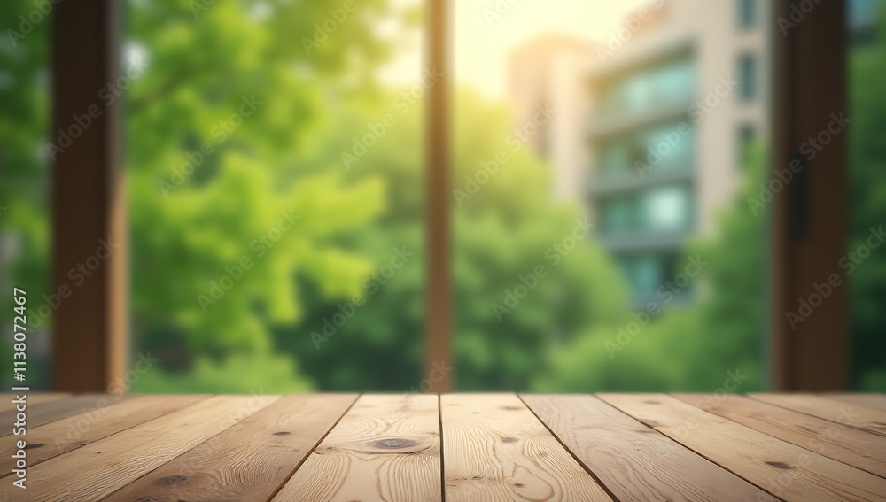 Poster a wood table top blends into a blurred view of gardens through a greenish tinted window in the morni