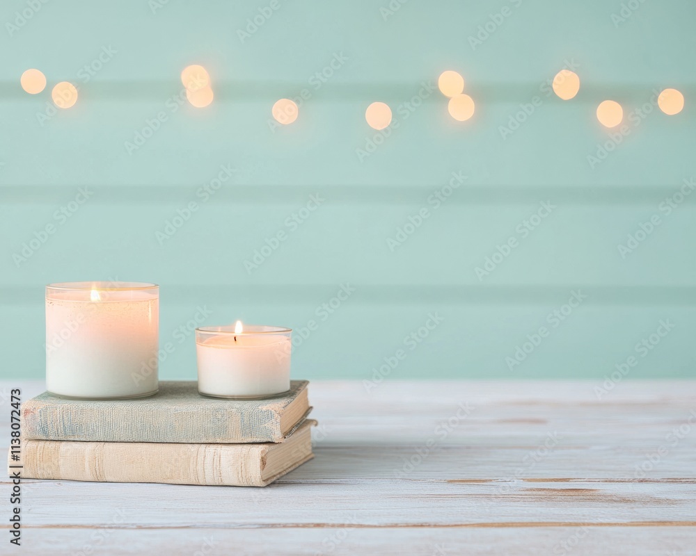Aufkleber cozy evening reading candles on books with soft lantern glow