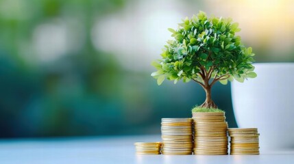 A small tree growing on a stack of coins, representing growth, investment, and financial prosperity in a green environment.