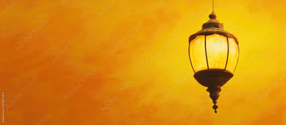 Poster vintage lantern illuminated against a warm yellow background creating a nostalgic and inviting atmos
