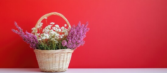 Basket of lilac heather and white flowers against vibrant red backdrop with ample copy space for floral design or marketing purposes