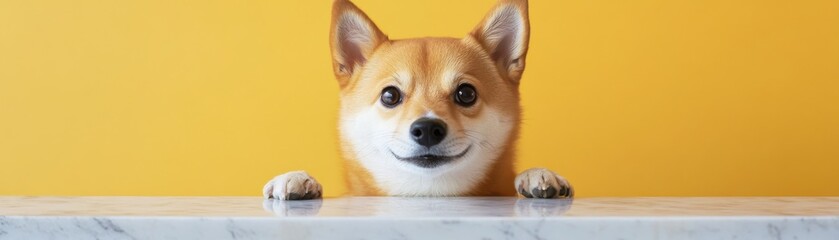 Obraz premium A cheerful Shiba Inu dog peering over a table against a bright yellow background.