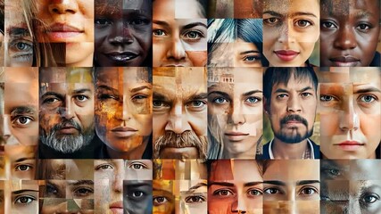 The Mosaic of Humanity: A powerful and abstract collage of faces, each with their own unique story, emphasizes the beauty and diversity of humanity. - Powered by Adobe