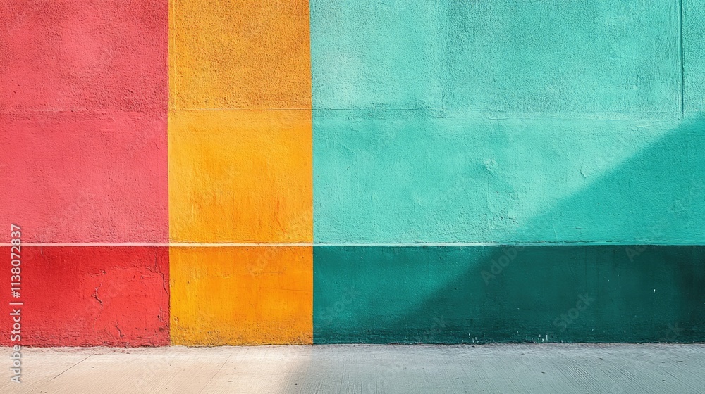 Poster vibrant textured wall with geometric color blocks in red turquoise orange and green creating a moder