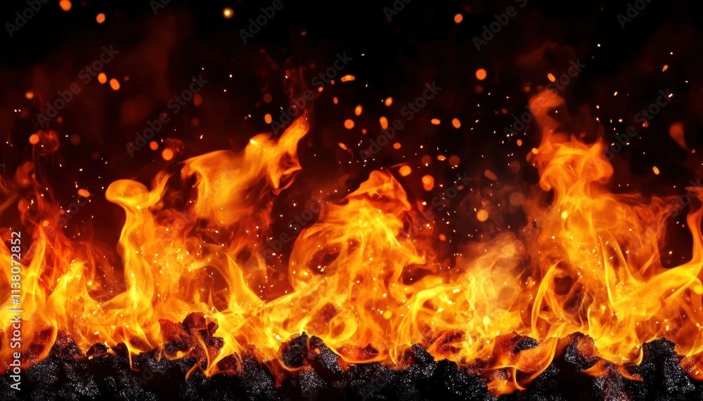 Poster vibrant fire flames with glowing embers, creating a captivating and intense visual experience in a d