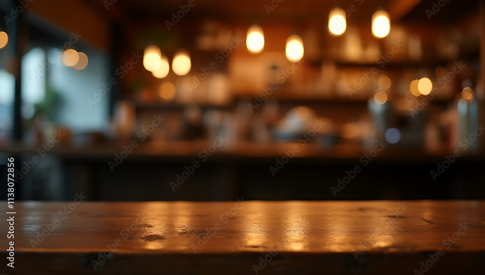 Poster a wood table top at a bar in a dimly lit cafe or restaurant with a blurred bokeh background at night