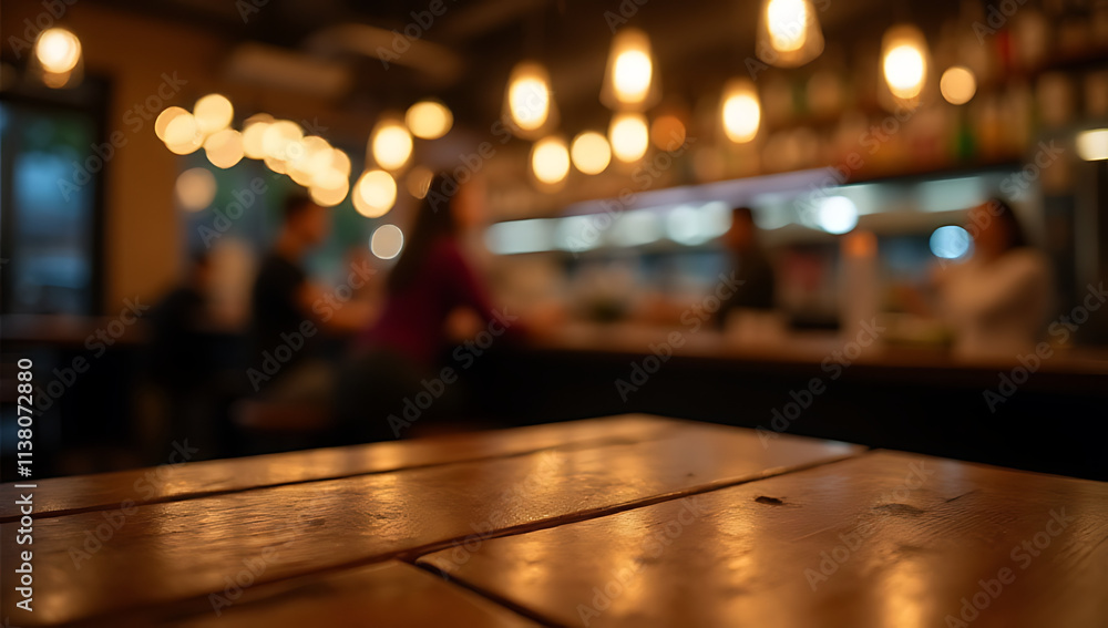 Poster a wood table top at a bar in a dimly lit cafe or restaurant with a blurred bokeh background at night