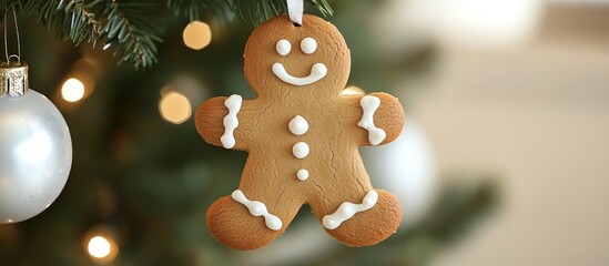 Gingerbread cookie ornament hanging on Christmas tree with festive decorations and warm holiday ambiance