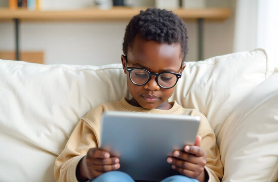 A boy with glasses focuses on a tablet while sitting on a sofa in a bright room.