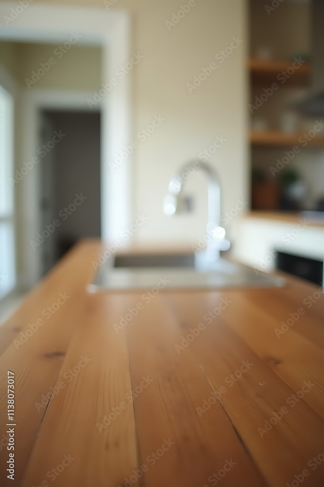 Poster a wood table sits atop a blurred kitchen counter with a room background visible through the haze of 