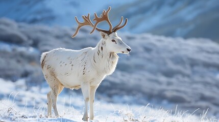 Obraz premium A majestic white deer with perfect antlers, and beautiful winter scenery