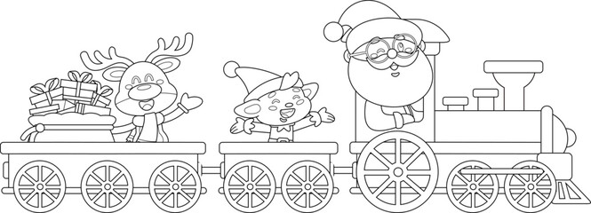Outlined Cute Santa Claus, Elf, And Reindeer Riding A Festive Christmas Train With Gifts Cartoon Characters