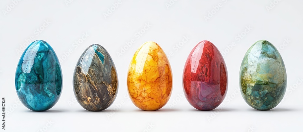 Poster colorful decorative easter eggs arranged in a row on a light background showcasing intricate pattern