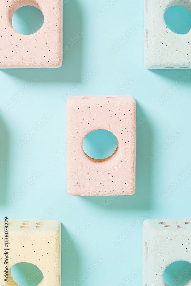 Poster pastel abstract blocks on sky blue backdrop – modern minimal geometric arrangement