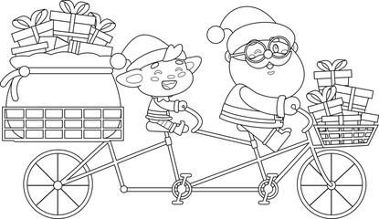 Outlined Cute Santa Claus and Elf Riding a Tandem Bicycle Loaded with Christmas Gifts Cartoon Characters