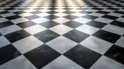 black and white checkered floor texture with reflections and shadows for design and background use