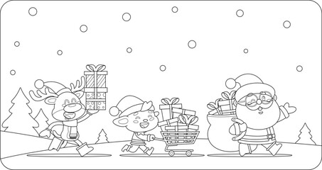 Outlined Santa Claus, Elf, and Reindeer Delivering Christmas Gifts in the Festive Christmas Night with ‘Merry Christmas’ Greeting