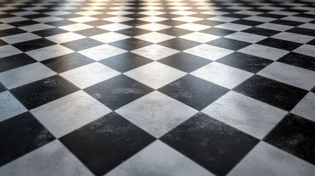 black and white checkered floor texture with reflections and shadows for design and background use