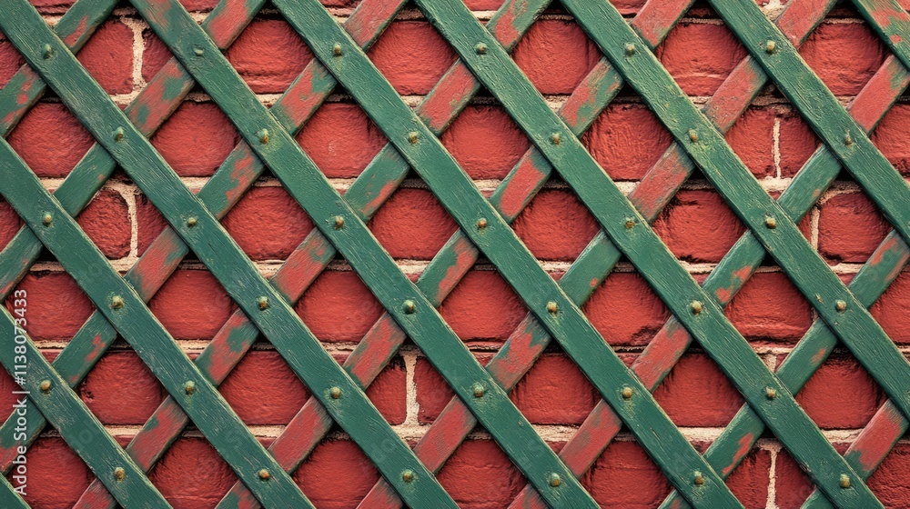 Poster red brick wall with green wooden lattice design creating a rustic and architectural background suita