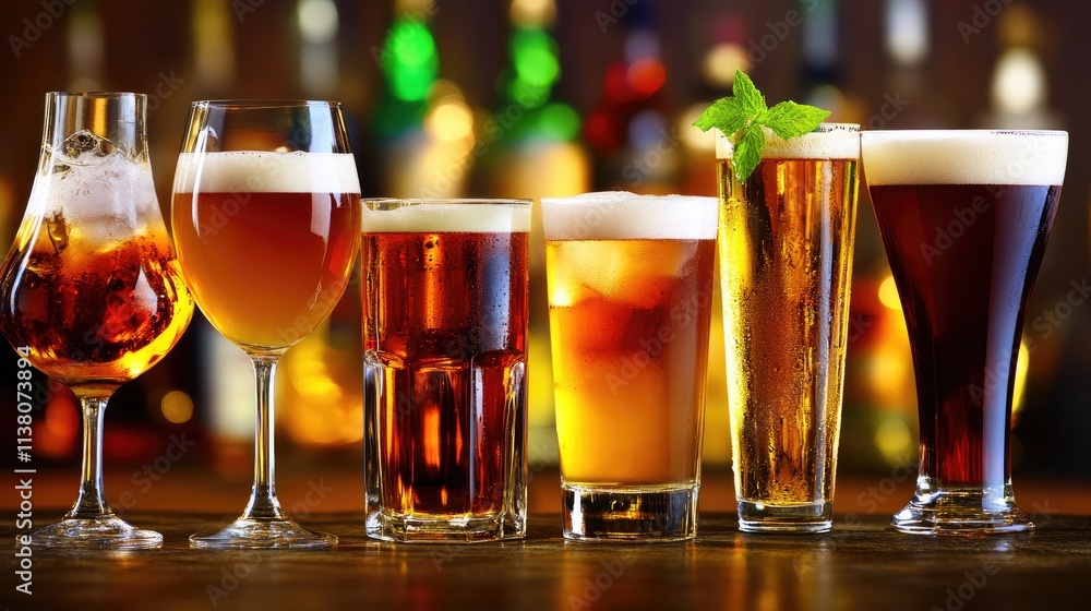 Poster assorted alcoholic beverages displayed on a bar table with blurred bottles in the background creatin