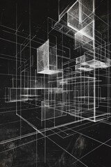 Abstract architectural sketch on a black background, with white lines floating in a three-dimensional structure in space