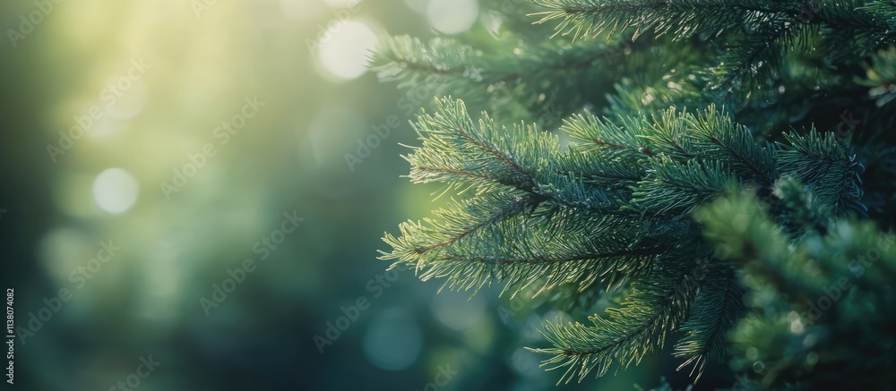 Poster serene close-up of a lush green spruce branch with vibrant needles and soft sunlight creating a tran