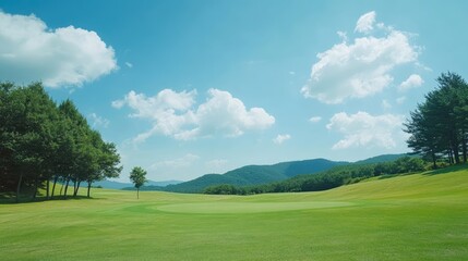 Serene Landscape of Lush Green Golf Course Under Clear Blue Sky with Fluffy Clouds