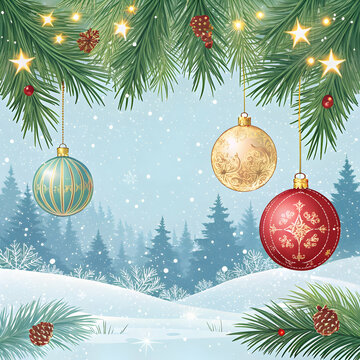Christmas frame with pine branches, sparkling ornaments in red, gold, and blue, pinecones