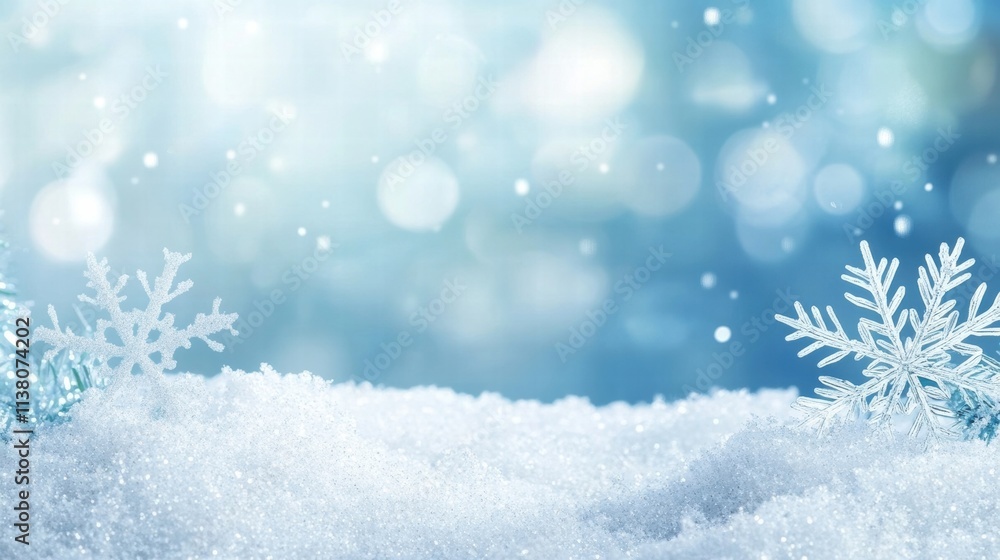 Poster winter scene featuring soft snowflakes on shimmering snow with a tranquil blue background and gentle