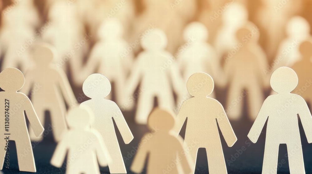 Poster a collection of paper figures symbolizing unity, teamwork, and collaboration in a soft-lit environme