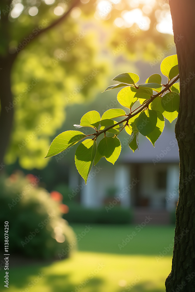 Poster a tree branch is visible in a sunny garden background with natural elements reflecting morning light