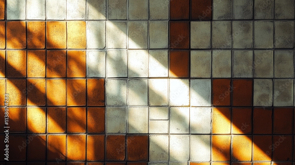 Poster textured brick wall with geometric patterns and dramatic shadows creating an interesting visual cont