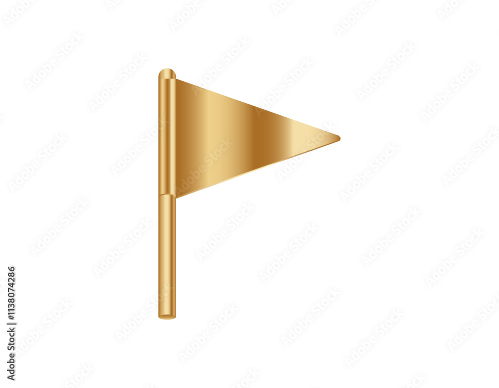 Poster a shiny golden flag icon with a pole, set against a plain white background. perfect for digital proj