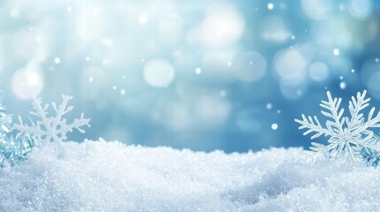 Winter scene featuring soft snowflakes on shimmering snow with a tranquil blue background and gentle bokeh effect.