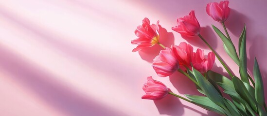 Fototapeta premium Elegant Parrot Style Tulips on Pink Background with Shadows Ideal for Holiday Promotions and Floral Designs Copy Space Available