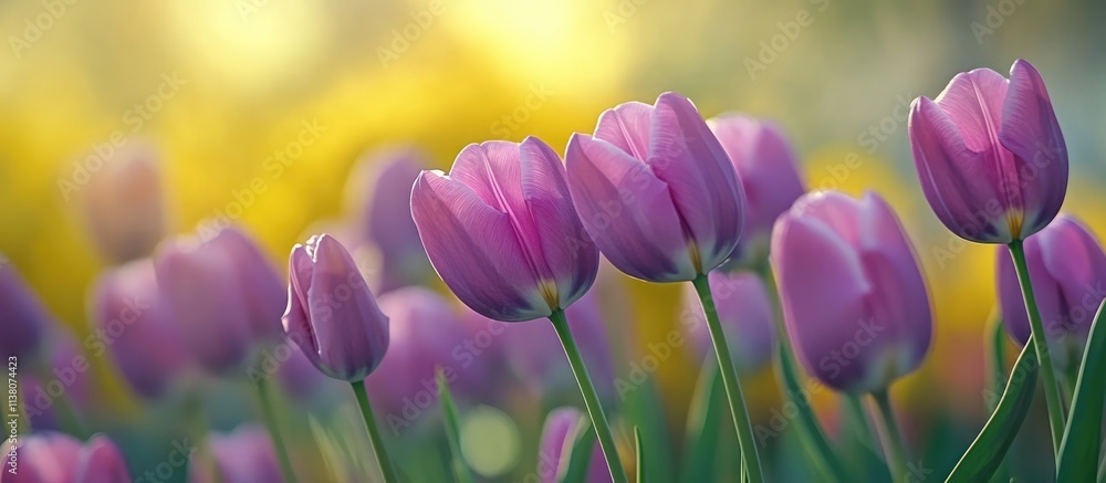 Poster bunch of purple tulips in selective focus with a vibrant yellow backdrop creating a serene spring at