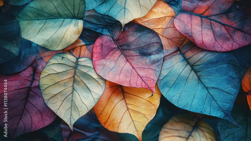 Aufkleber vibrant and colorful umbrella tree leaves creating a striking natural pattern in a close-up view.